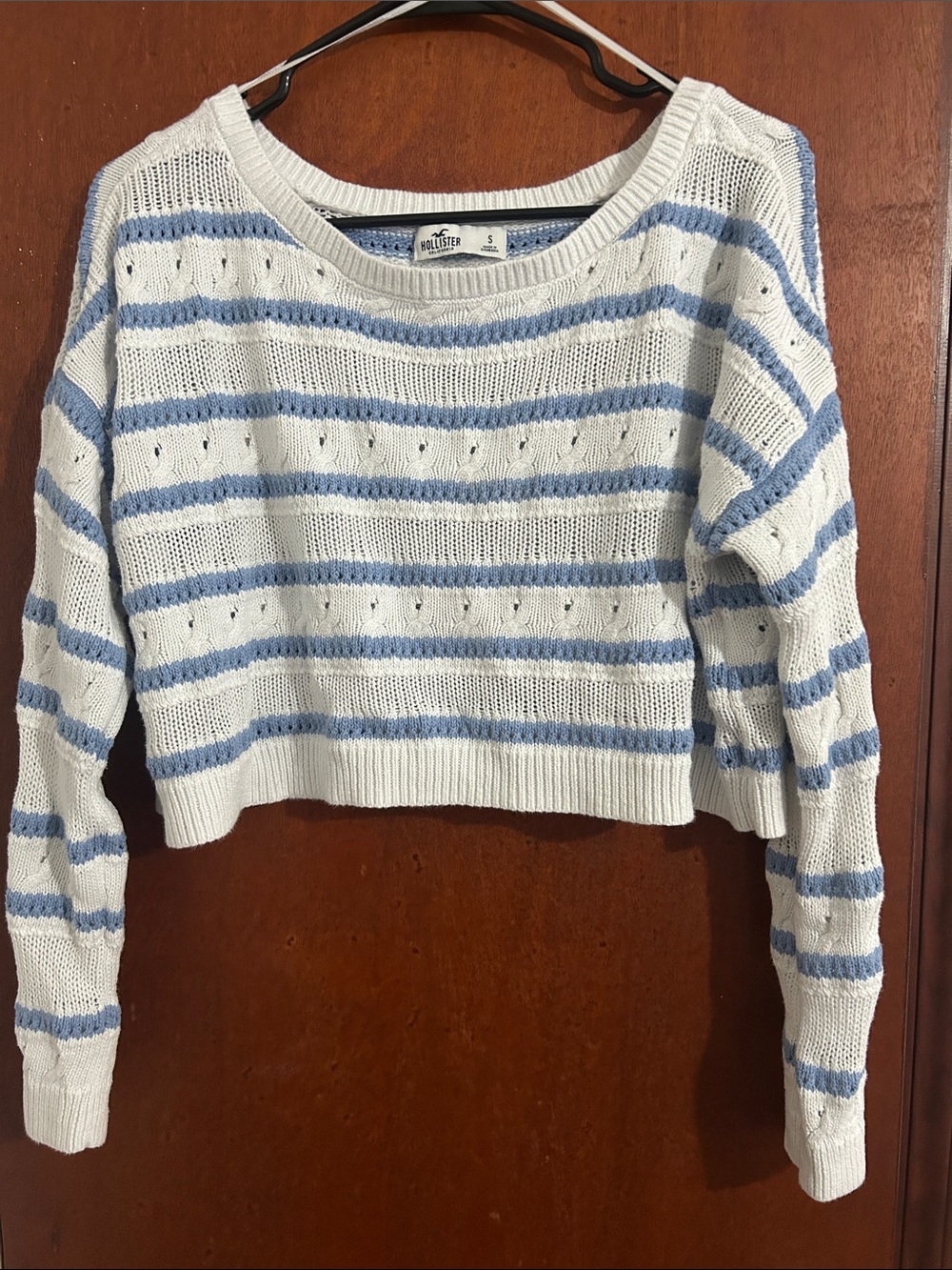 Hollister White and Light Blue Striped Open-Knit Cropped Sweater
